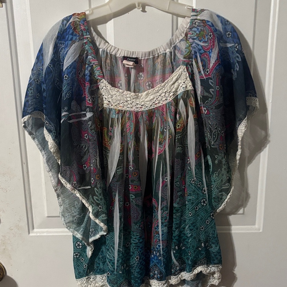 Cocomo Blue and Green Paisley Blouse with Lace Trim